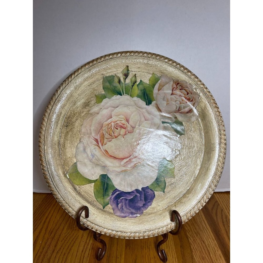 A Flipped Silver-Plated, W. M. Rogers tray.  Hand Painted with Floral Transfer.